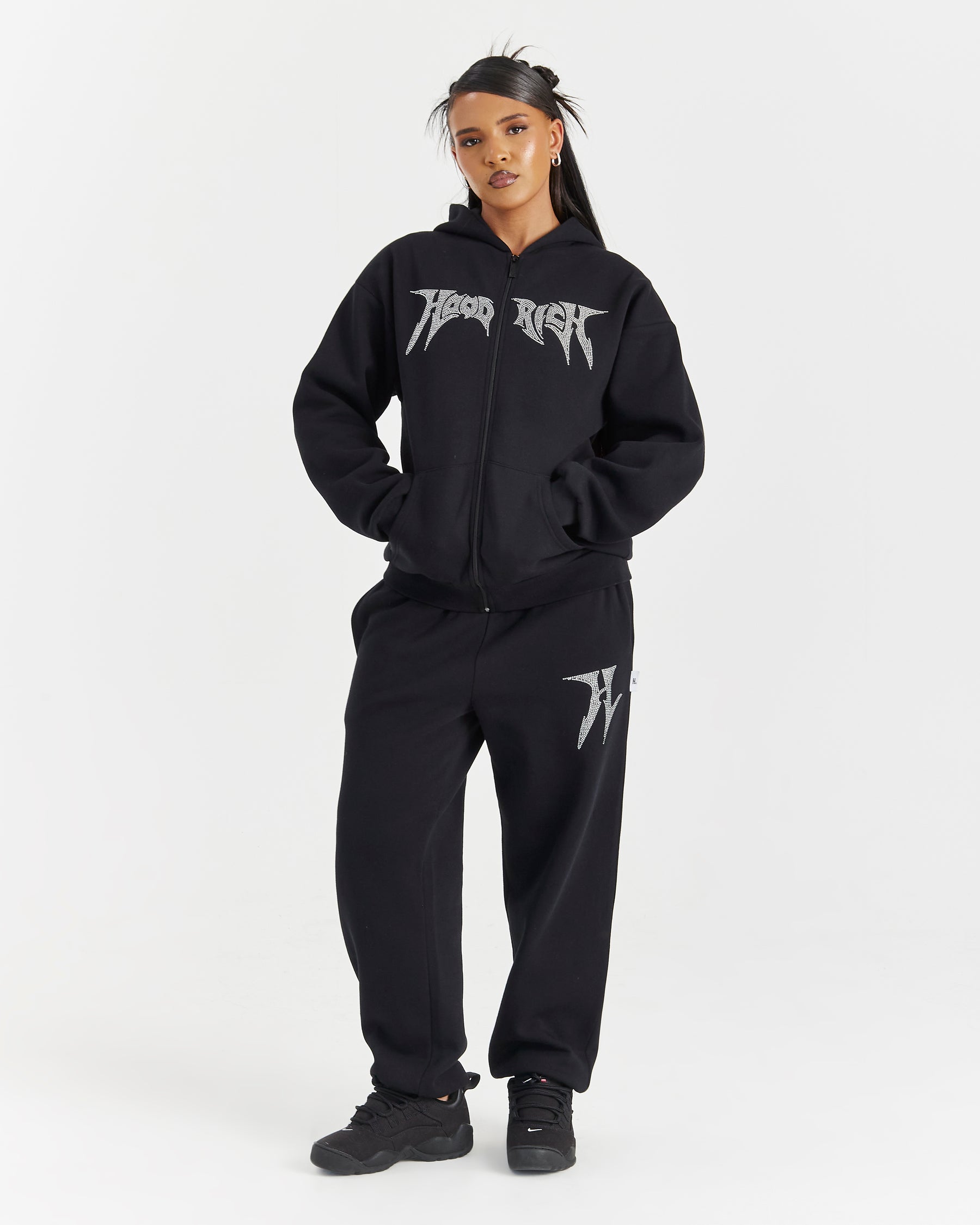 Lustre Oversized Zip Hoodie - Black/Rhinestone