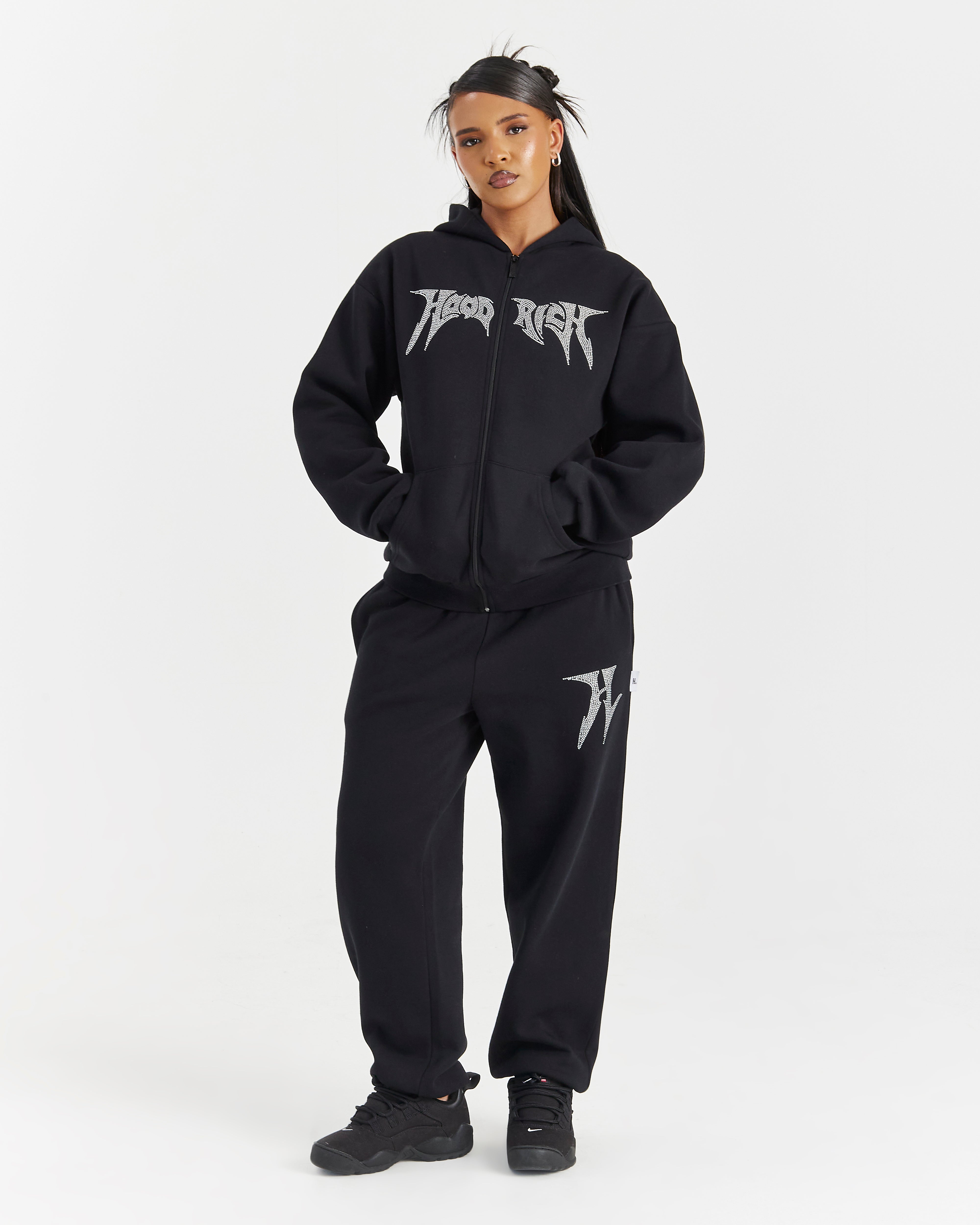 Lustre Oversized Zip Hoodie - Black/Rhinestone