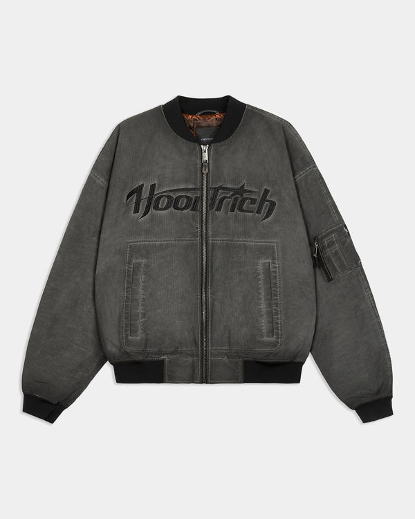 Gray bomber jacket with 'Hoodrich' logo on a white background
